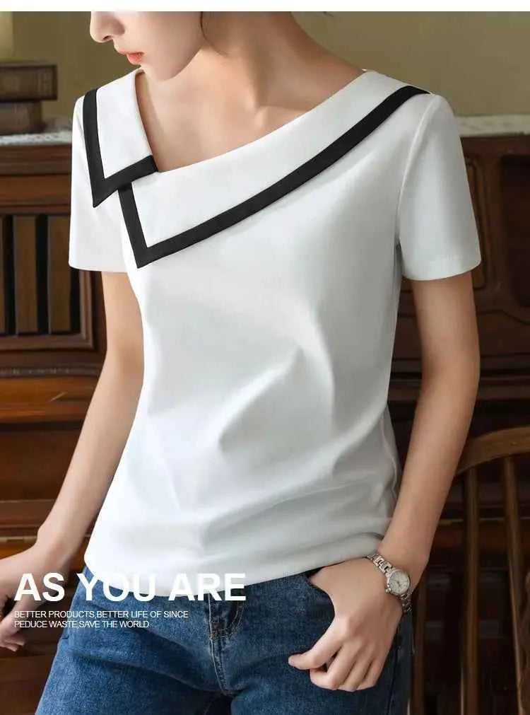 French Haute Couture Niche Design Black White Panelled Diagonal Neck Short Sleeved T-shirt Women's Patchwork Fashion Slim Top