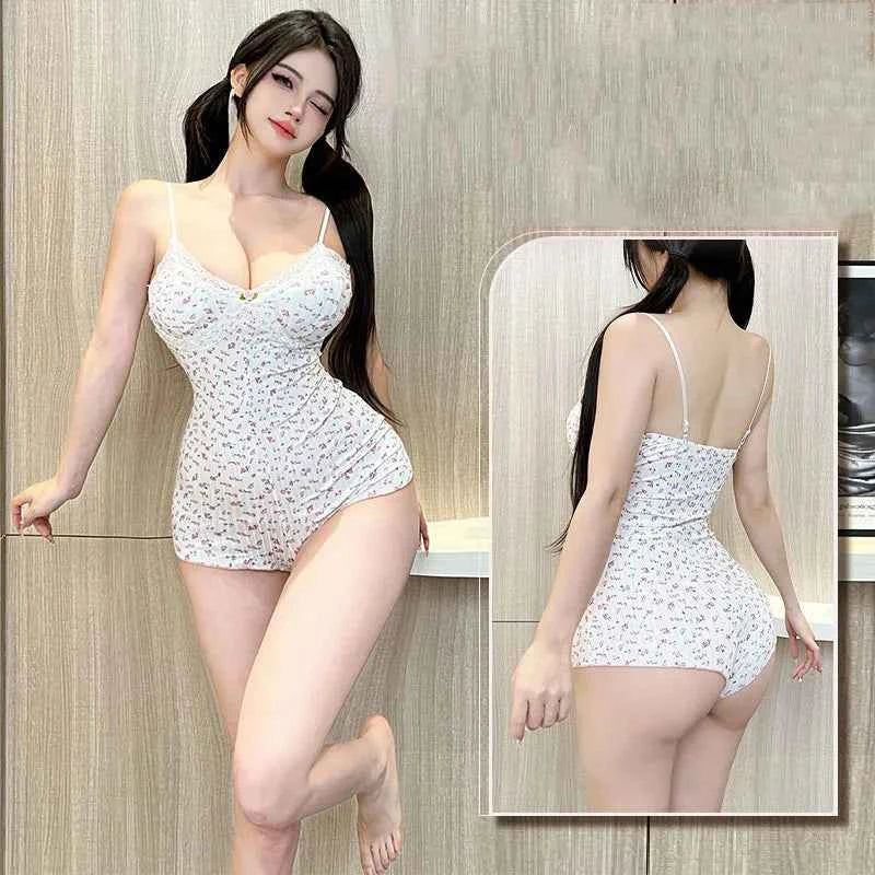 Women Sexy  Floral Print Bodysuit Lace Trim Sleeveless Slim Fit Leotard Summer Jumpsuit Romper Sexy Underwear Nightwear Lingerie