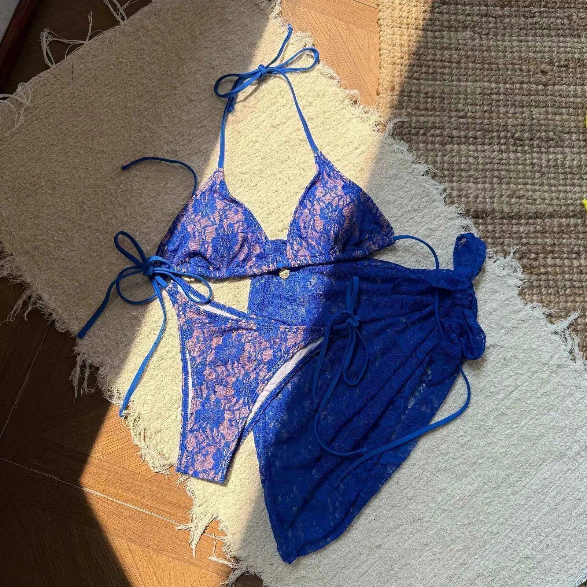Lace Fabric Three-pieces Swimsuit Set With Sarong Bikini Inspired Women's Swimwear Beachwear Bathing Suit Vacay Outfit Biquini