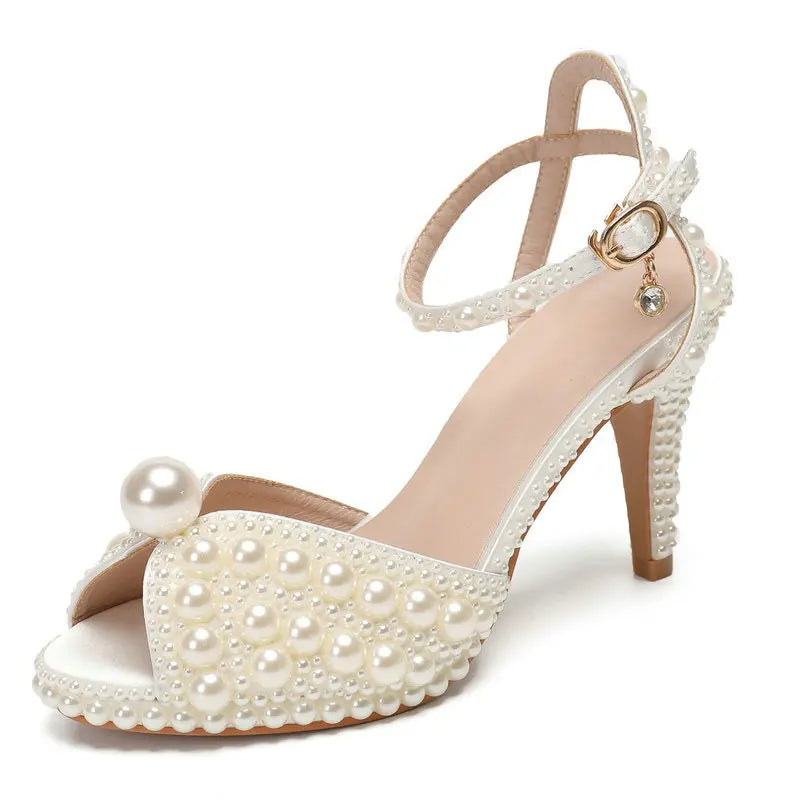 2025 Autumn New Fish Mouth High Heels Waterproof Platform Shallow Mouth 8.5cm Pearl Women'S Single Shoes Bride Wedding Shoes