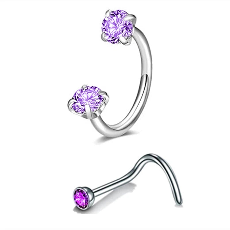 2PCSD Metal color Stainless Steel Nose Ring Set With CZ Studs & Horseshoe