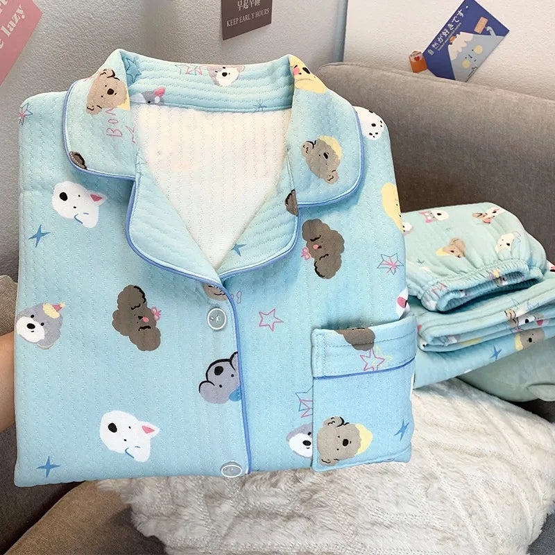 Korean Style Colourful Dot Women's Sleepwear Set 2025 Autumn Winter New Pajamas Set Cute Lapel Neck Casual Homewear 2PC Suit