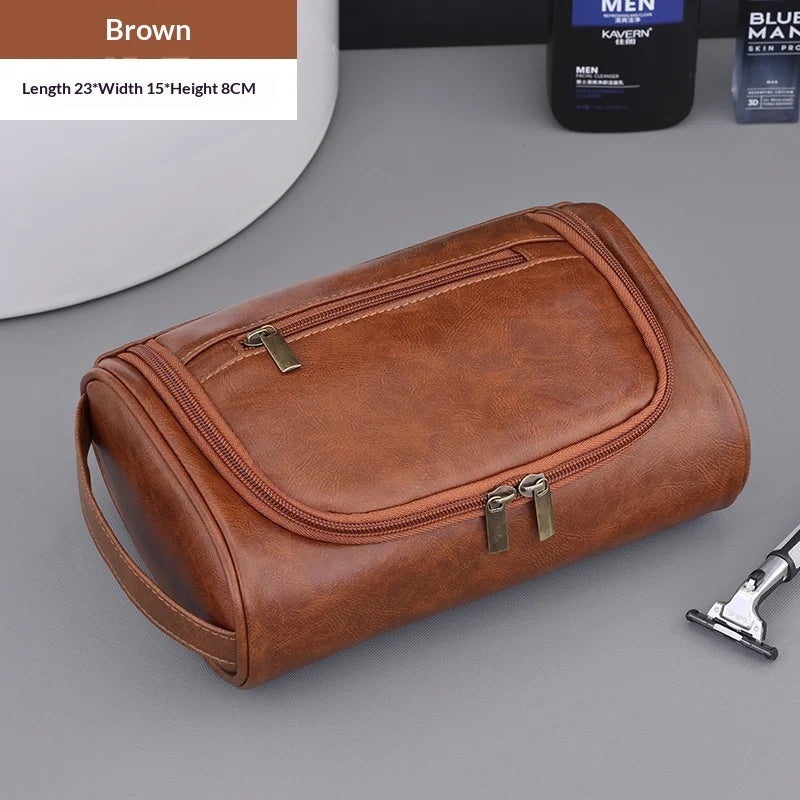 Large Capacity Men Leather Wash Bag Travel Business Trips Portable Cosmetic Bag Multi Pocket Design Handheld Leather Wash Bag LI