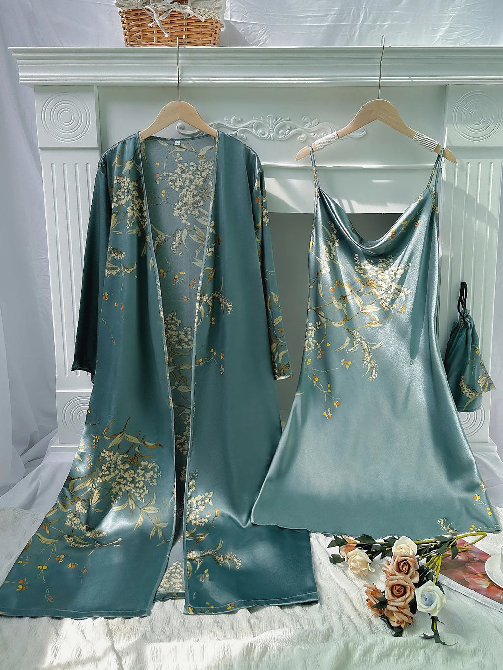 Floral Print Pajama Set Long Sleeve Robe With Belt   V Neck Slip Dress  Women's Sleepwear  Loungewear