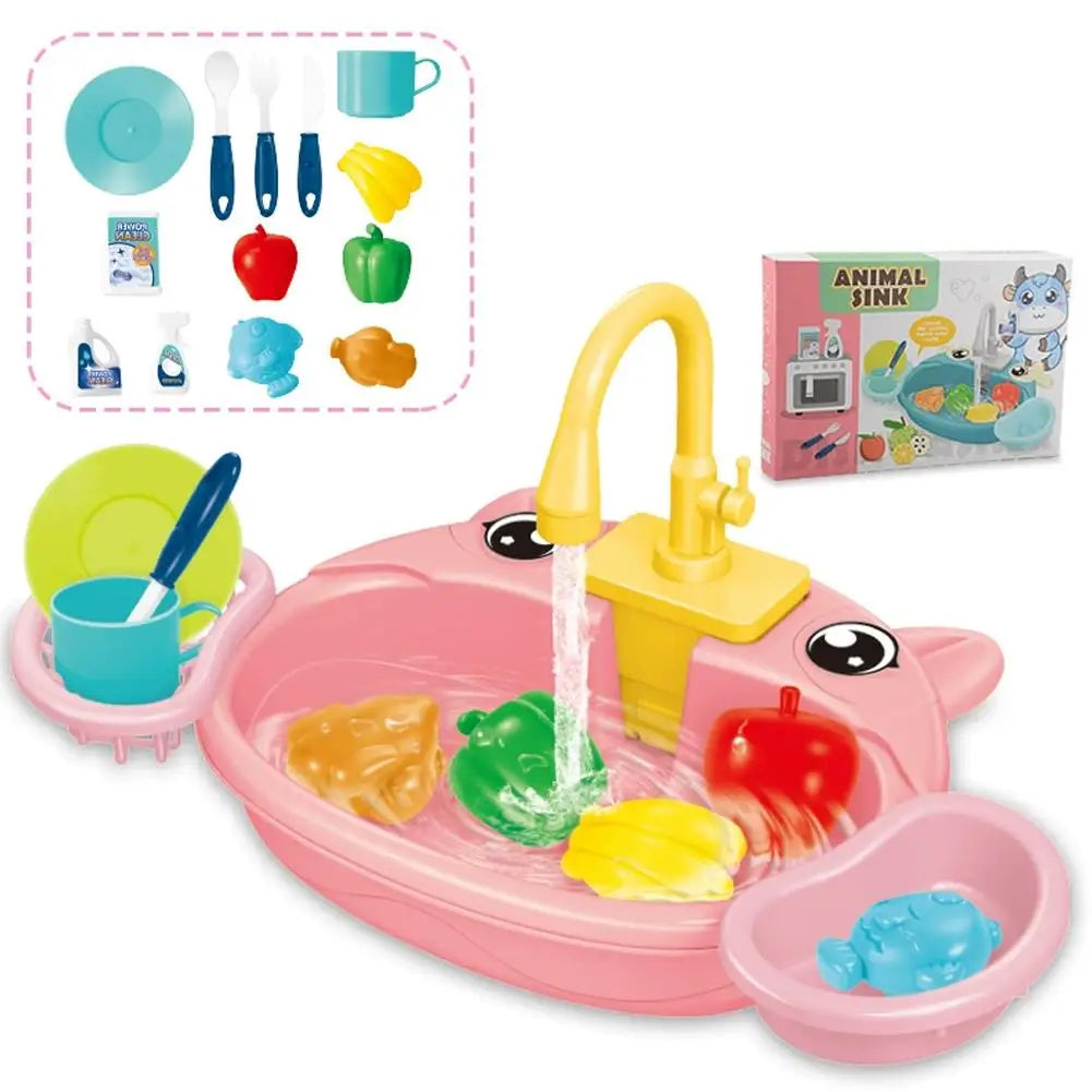 Kids Kitchen Sink Toys Electric Dishwasher Playing Toy with Running Water Pretend Play Food Fishing Toy Role Playing Girls Gift