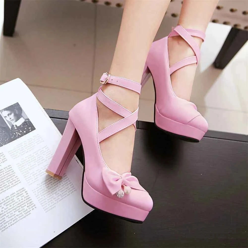 High Heels Women 2025 Trend Chunky Heels Platform Lolita Mary Jane Elegant Party Korean Shoes Dress White The Glossy Fashion