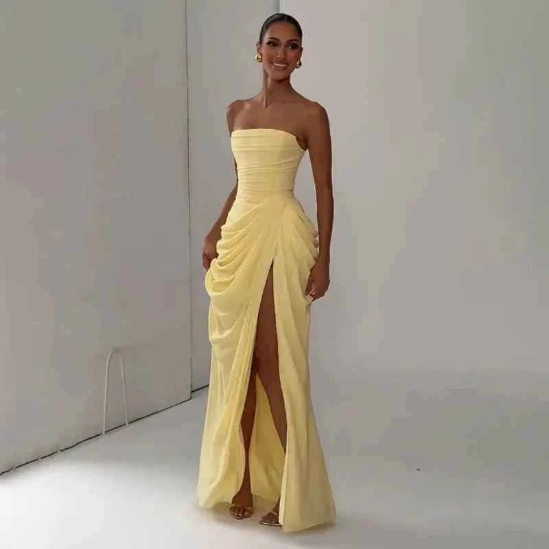 Women Sexy Solid Pleated Strapless Dress Lady Chic Off-shoulder Backless High Waist Split Dresses  Evening Party Gown 2026 New