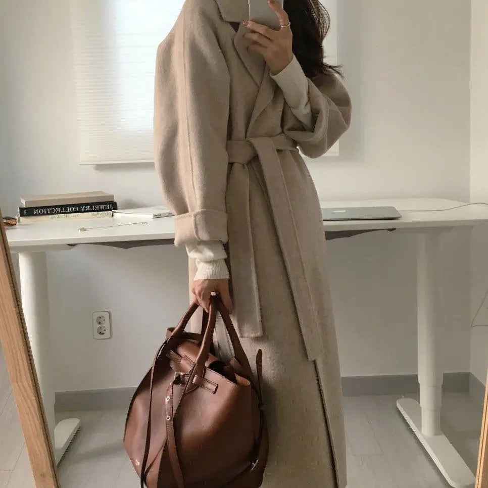 Chic Thick Warm Lapel Lace-up Pockets Loose Woolen Coat 2025 Autumn Winter New Korean Female Long Oversize Casual Women Clothes
