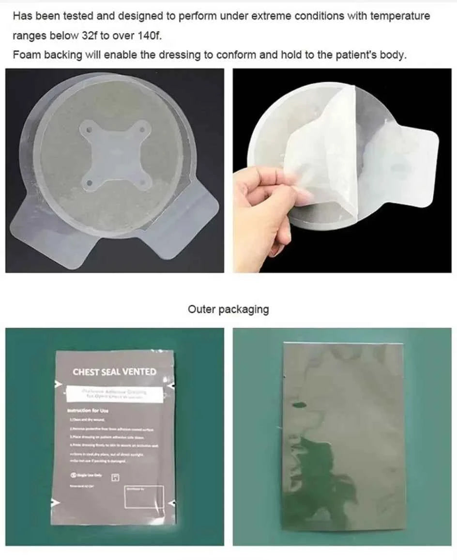 Chest Seal Wound Care for Emergency or Tactical Situations Advanced Adhesive Sterile Transparent Lightweight Vent Life-Saving