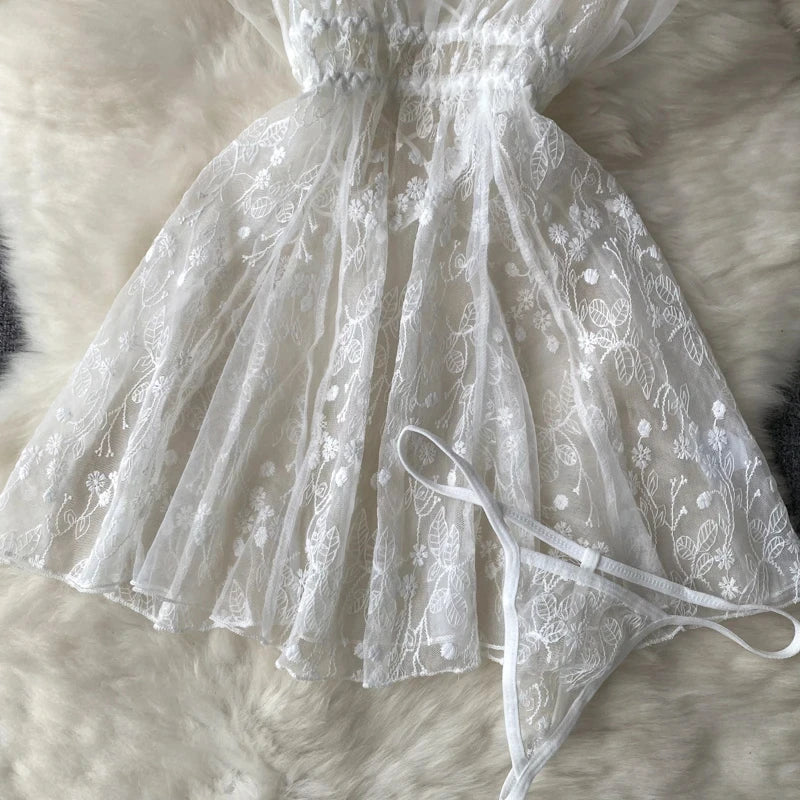 Summer Girls Sexy Hot Sweet Transparent Suspender Mini Dress Women Elastic Waist And Backless Strap Lolita Pajamas Bubble Skirt