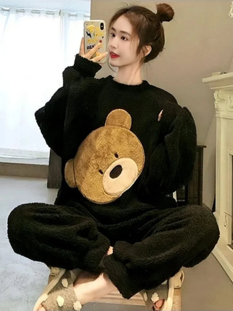 Thickened Warm Women Winter Two Pieces Set Flannel Homewear Pajamas O-Neck Loose Cute Cartoon Bear Ladies Sleepwear Loungewear