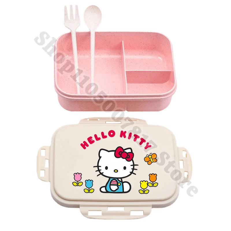 Kids Portable Plastic Lunch Box Hello Kitty Cartoon Cute Lunchbox with Spoon Fork Children Anime Food Fruit Containers Xmas Gift