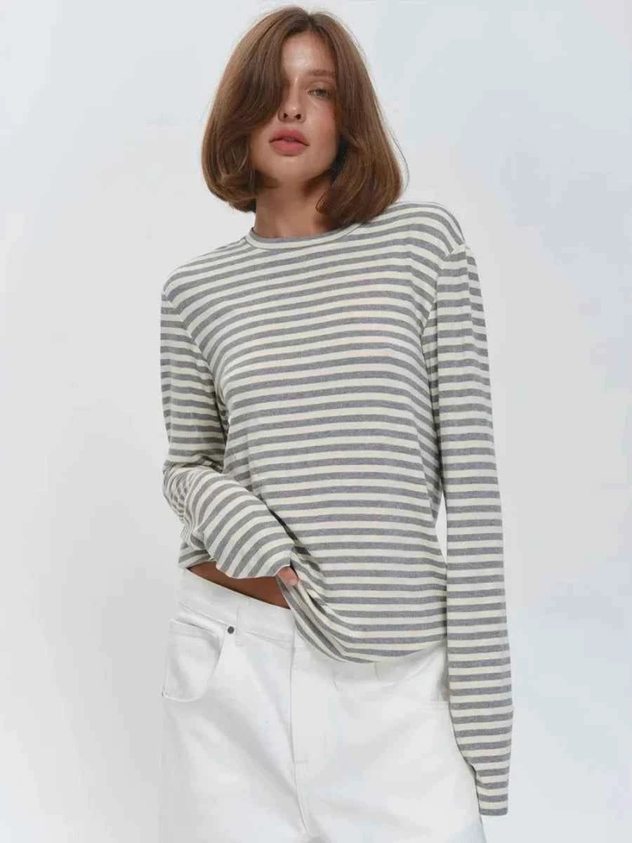Bornladies Autumn New Fashion Women Cotton Striped Long Sleeve T Shirt Office Casual Simple Round Neck Pullover Tops & Tees