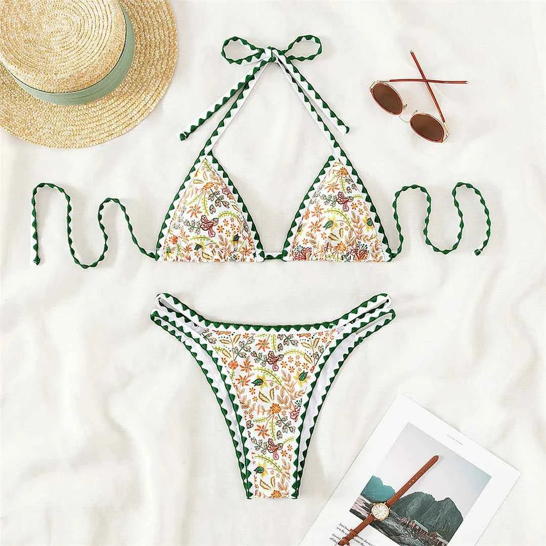 Sexy Flower Printed Halter Brazilian Bikini Female Swimsuit Women Swimwear Two-pieces Bikini set Bather Bathing Suit Swim K4997