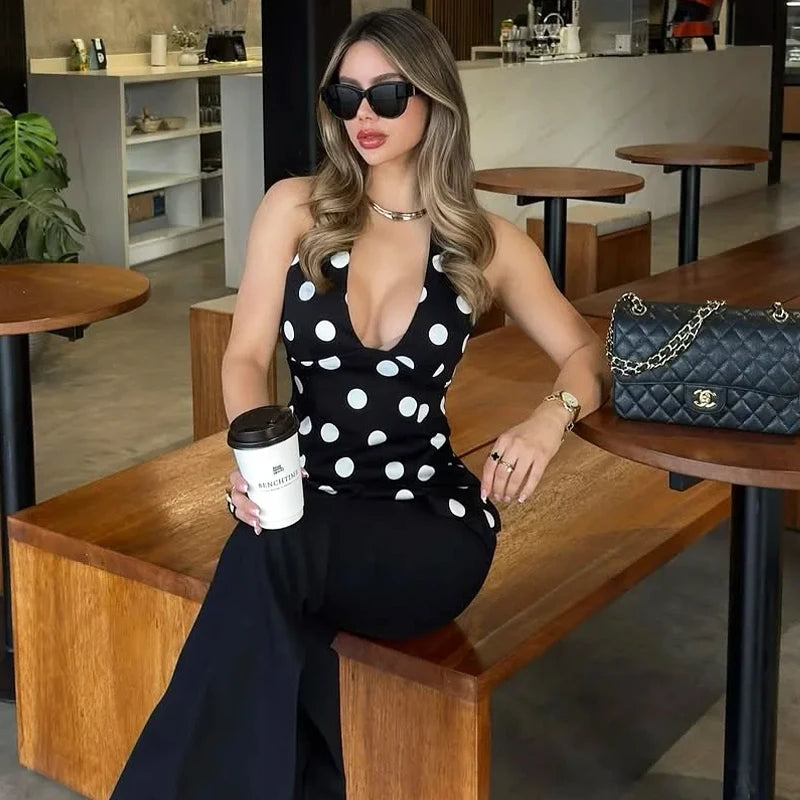 HXAO Black Polka Dot Tops For Woman Summer Women's Corset Crop Top Sleeveless Halter Top Women Bow Backless Sexy Top Party