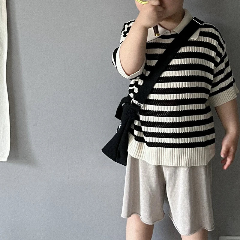Spring and Summer Japanese Korean 1-6Y Children's Hollow Knitted Shirts Stylish Girl's Boy's Striped Short Sleeved T-shirts