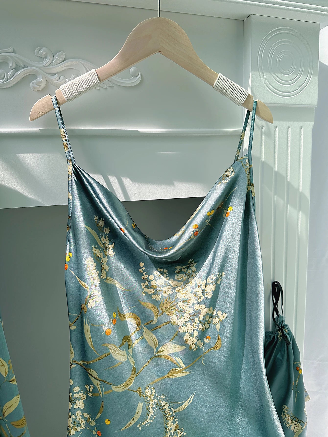 Floral Print Pajama Set Long Sleeve Robe With Belt   V Neck Slip Dress  Women's Sleepwear  Loungewear