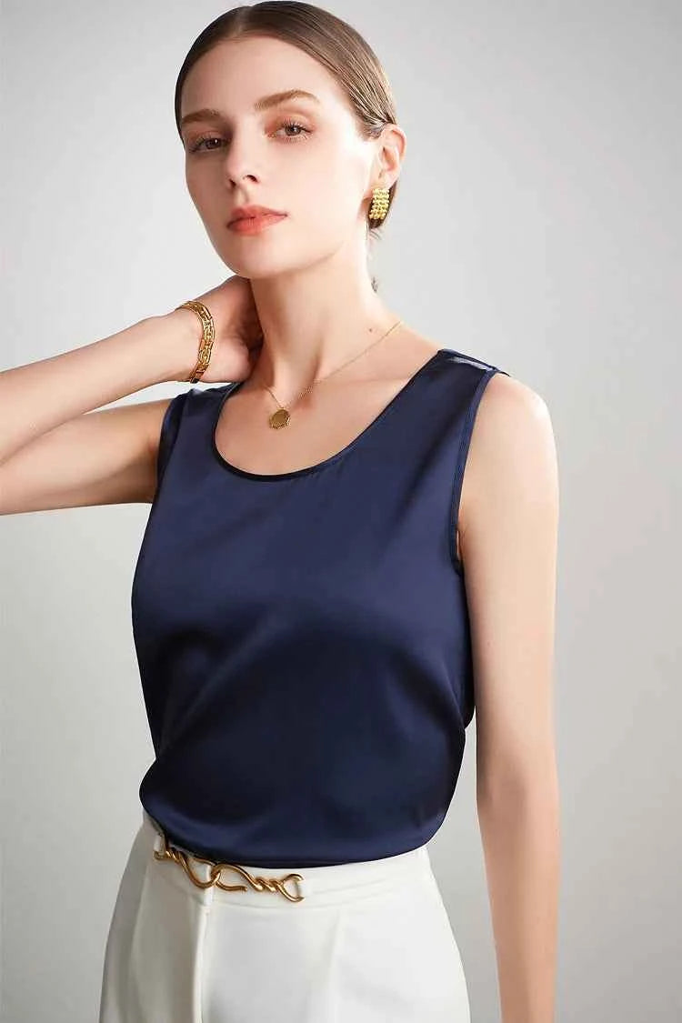 SuyaDream. Women Basic Cozy Tanks, 100%Real Silk, O neck Sleeveless Chic T Shirt, 2025 Solid Summer Vests, White, Pink, Beige
