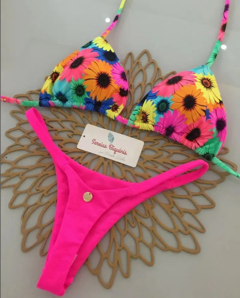 Print Sexy Bikini Sets Halter Lace-up Tops Thongs Beach Style Bathing Suit Y2k Swimsuits Women Beachwear Купальник Женский