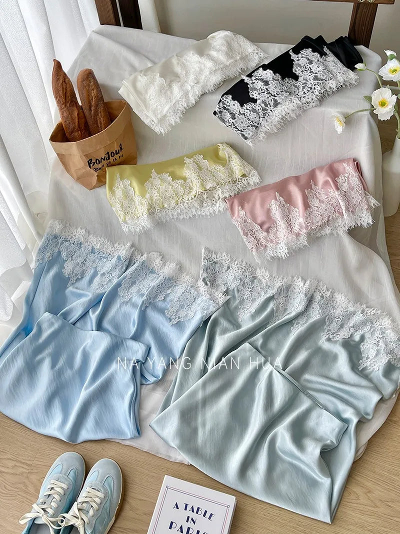 Beiyingni French Elegant Satin Mermaid Skirt Women Spring Summer Lace Patchwork Pack Hip Long A-line Skirts Office Ladies Faldas