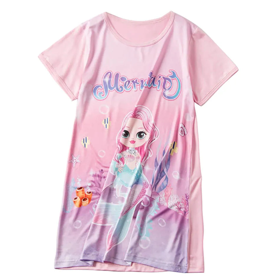 Girl Mermaid Dress Children Short Sleeve Summer Princess Dress Breathable Cartoon Print Girls Soft Silk Nightgown Kids Sleepwear