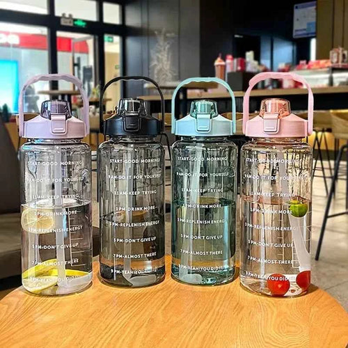 2-liter plastic water bottle, straw sports fitness cup, large portable travel water bottle