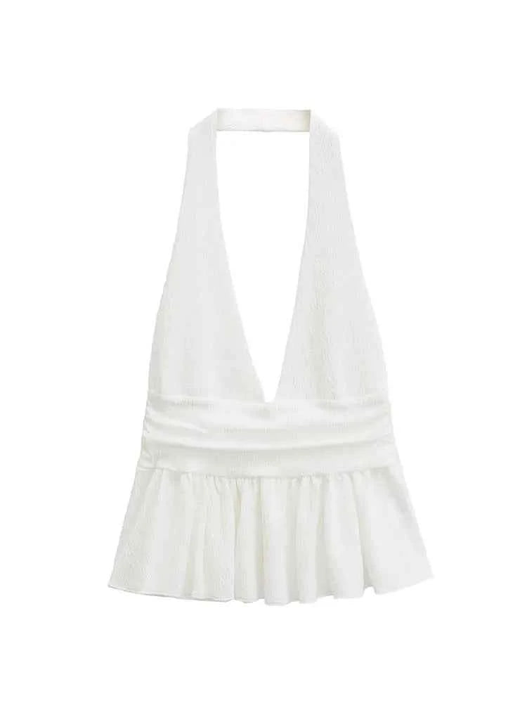HH Women Vintage Solid Halter Vest Hem Ruffled Lady Sexy Backless Sleeveless V Neck Tops Summer Thin Casual Holiday Chic Top