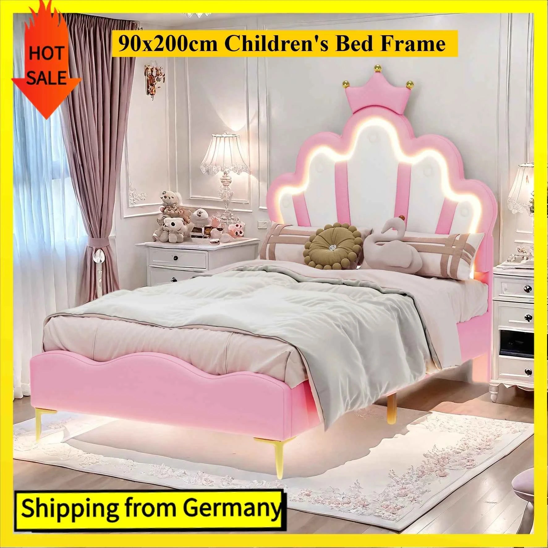 Comanlai Children's Bed  90x200cm with LED Light and Crown-shaped Headboard,Upholstered Bed with Slatted Frame,PU Leather,Pink