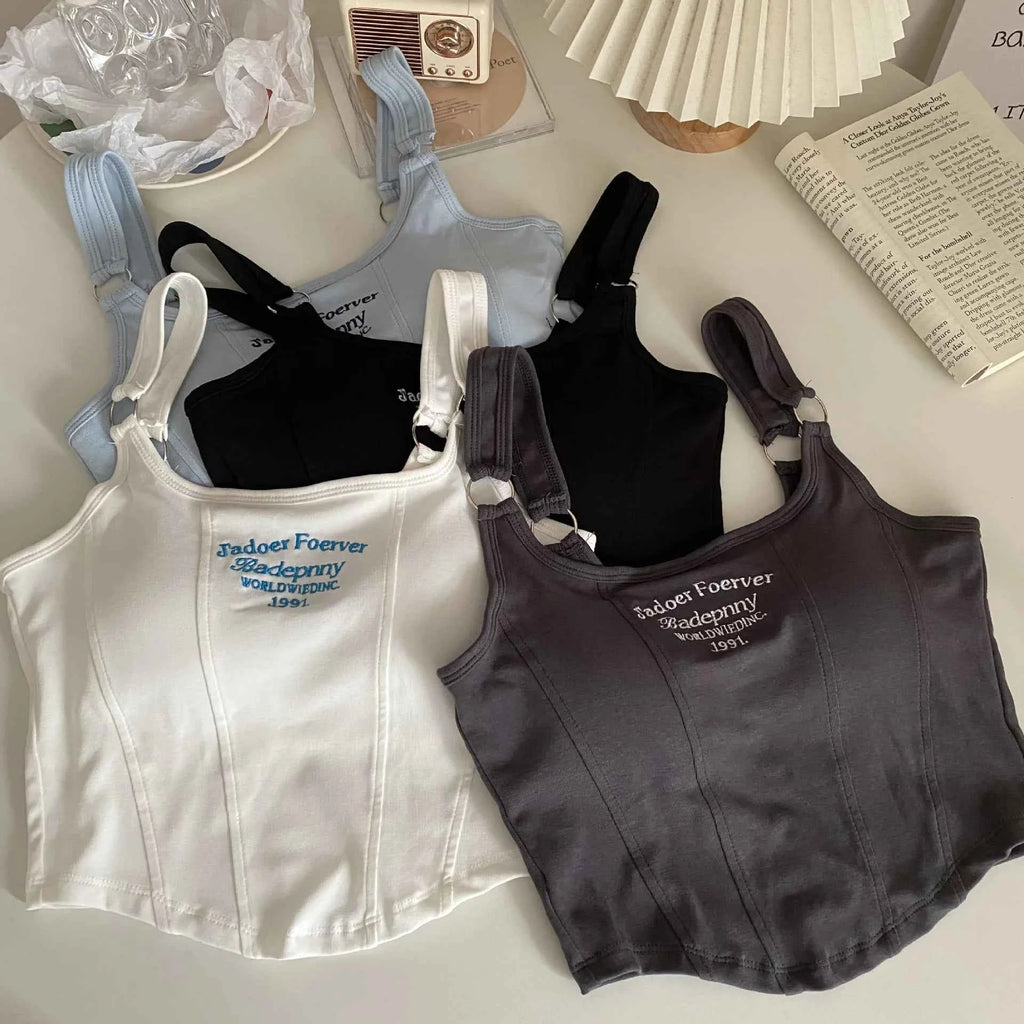 Women Crop Top Summer Y2K Lrregular Hem Slim Tank Tops Casual Sexy Female White Streetwear Letter Tank Tops With Pad Woman