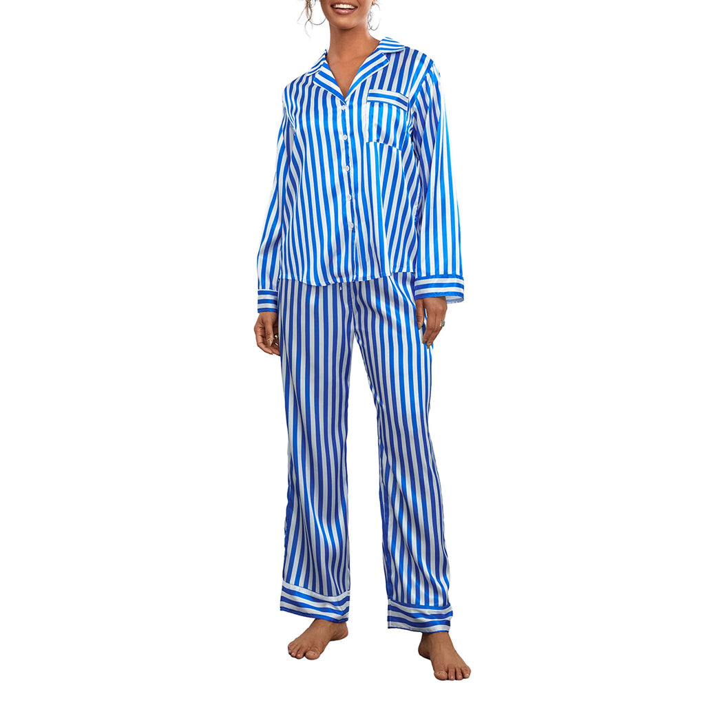 2024 Women Christmas Pajama Sets Striped Long Sleeve Satin Button Shirts with Wide Leg Long Pants Nightwear Sleepwear Loungewear
