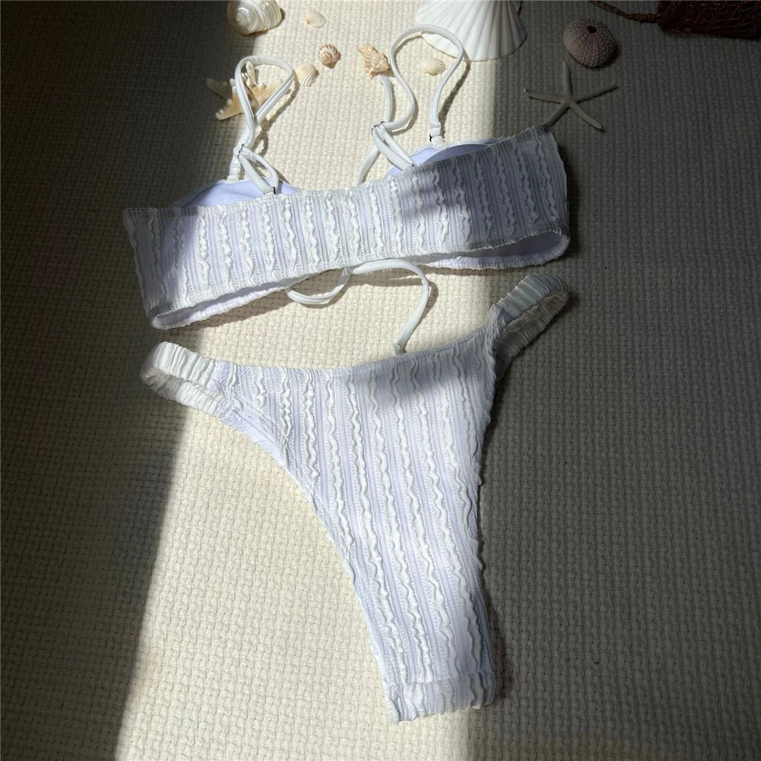 Wrinkled Crinkled Knotted Bikini Women Swimwear Female Swimsuit Two-Pieces Bikini Set Brazilian Bather Bathing Suit Swim V5709