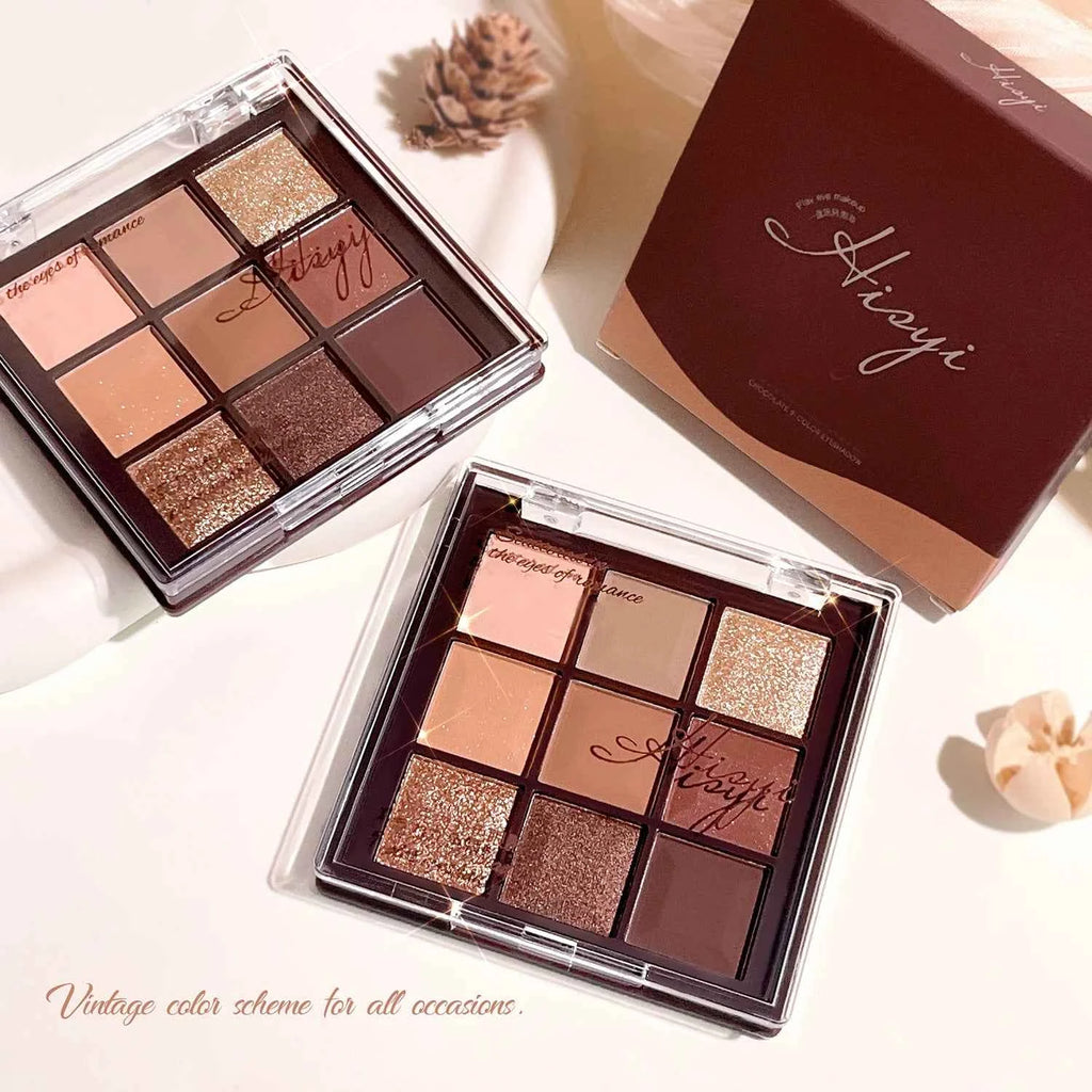 Mocha Chocolate Eyeshadow Palette - 9 brown, nude and gold shades in matte, natural and shimmer finishes, perfect for music fest