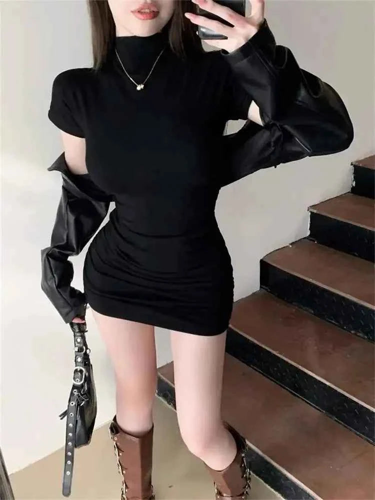 Sexy Tight Half High Collar Pleated Waist Mini Dress Spicy Girls Slim Dresses Bodycon Women Vestidos Cortos Party Mujer Clothin