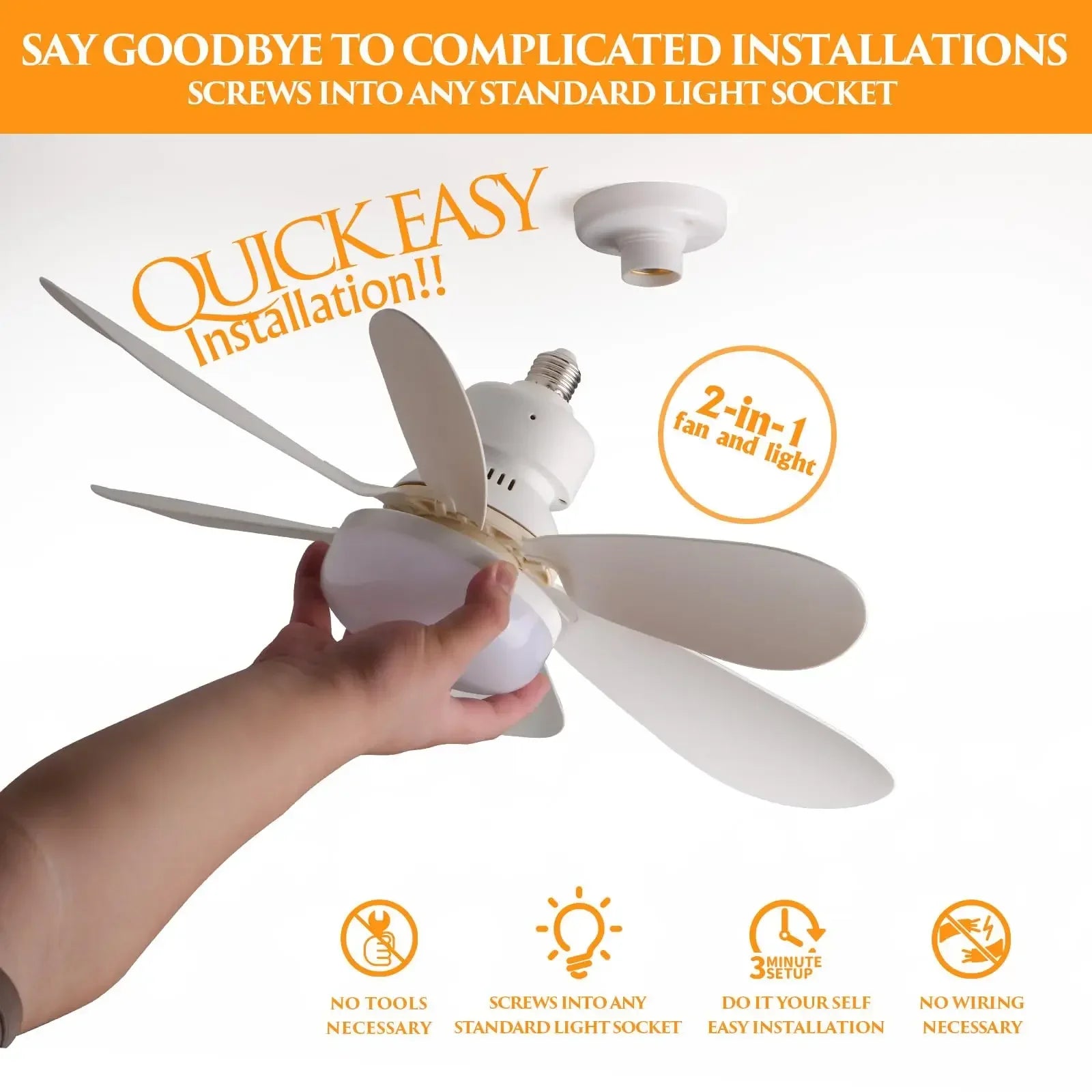 LED Socket Fan Light with Remote Small Ceiling Fan with Light, Cordless Light Socket Fan for Kitchen Bedroom Small Room