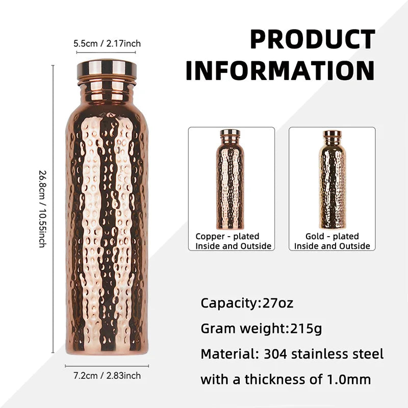 800ML Electroplated Copper Water Bottle One-Click Open Lid Anti-Slip Silicone Base Hammer Pattern Bottle Sports Bottle