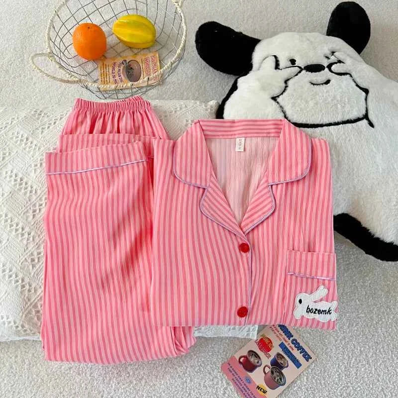Embroidery Letter Pajamas Set Striped Rabbit Print Autumn Long Sleepwear Home Suit 2025 Lapel Neck New 2 Pcs Women's Pajamas