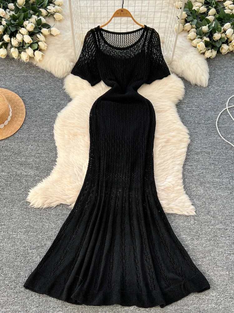 Women Hollow Knitted Dress Summer Flower Short Sleeved Fishtail Bodycon Dress with Camisole Dresses Vintage Party Long Robe