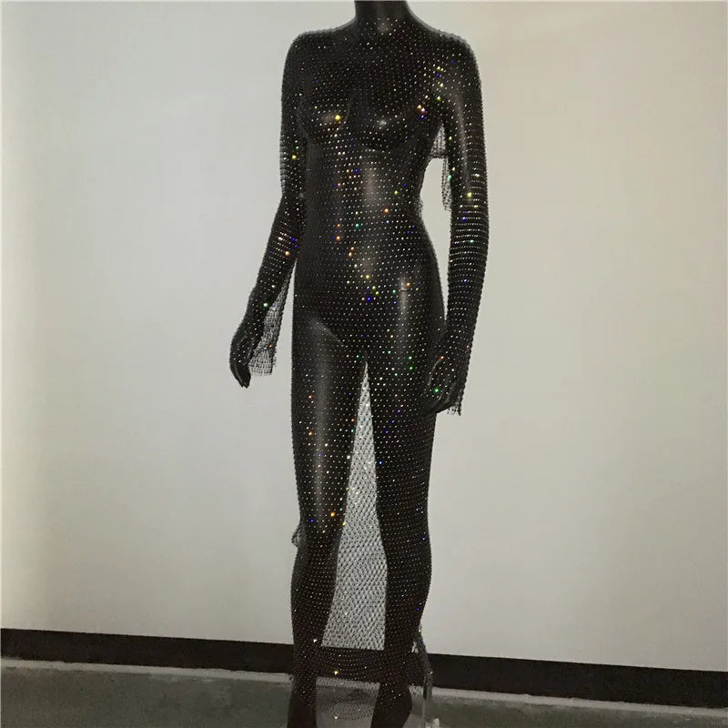 Y2K Sexy Shiny Rhinestones Grid Fishnet Dress Long Sleeve Hollow Out Side Slit Dress Beach Cover Up Breathable Lady Vestidos