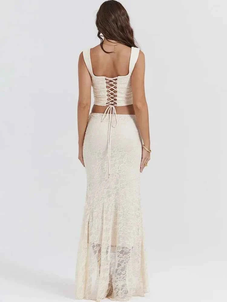 Suninheart Elegant Women 2 Piece Dress Set 2023 Maxi Wedding Guest Dress Lace Up Crop Top and Maxi Skirt Set Formal Event Dress