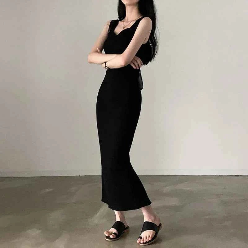 Myufon Basic Knit Long Dress Korean Fashion Square Collar Sleeveless Women's Dresses Summer Casual Y2k Vintage All-match Outftis