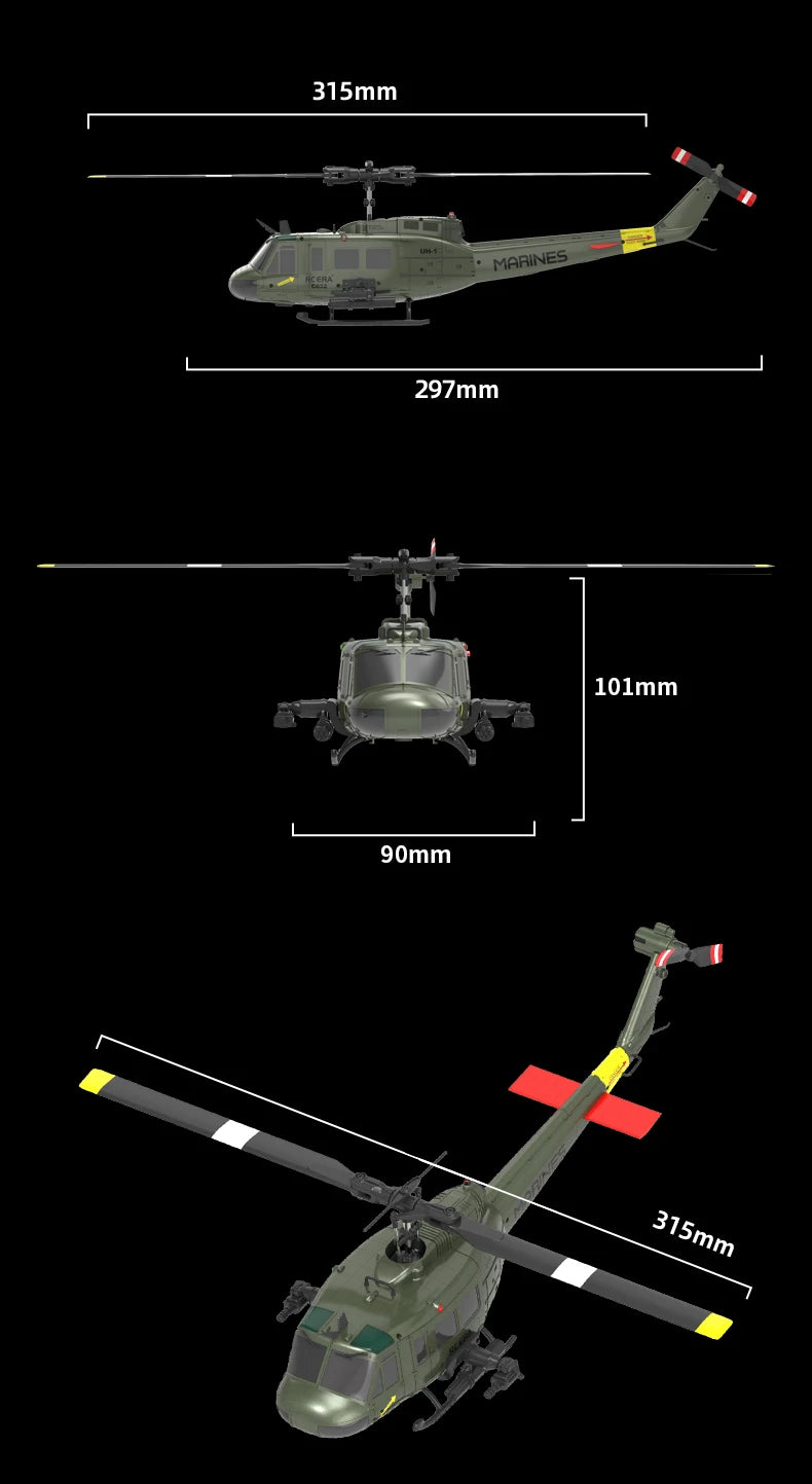 RC ERA C032 UH1 Huey Weathered Marine 6ch RC Helicopter with Optical Flow TOF Auto Stabilized Remote Control Hobby Toys for Boy