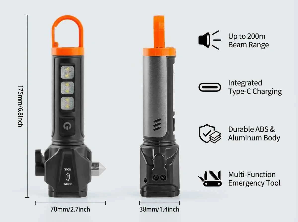 Tactical Led  Flashlight for Emergency Defense,with Safety Hammer, Seatbelt Cutter & Strobe Mode for Emergency Survival & Safety