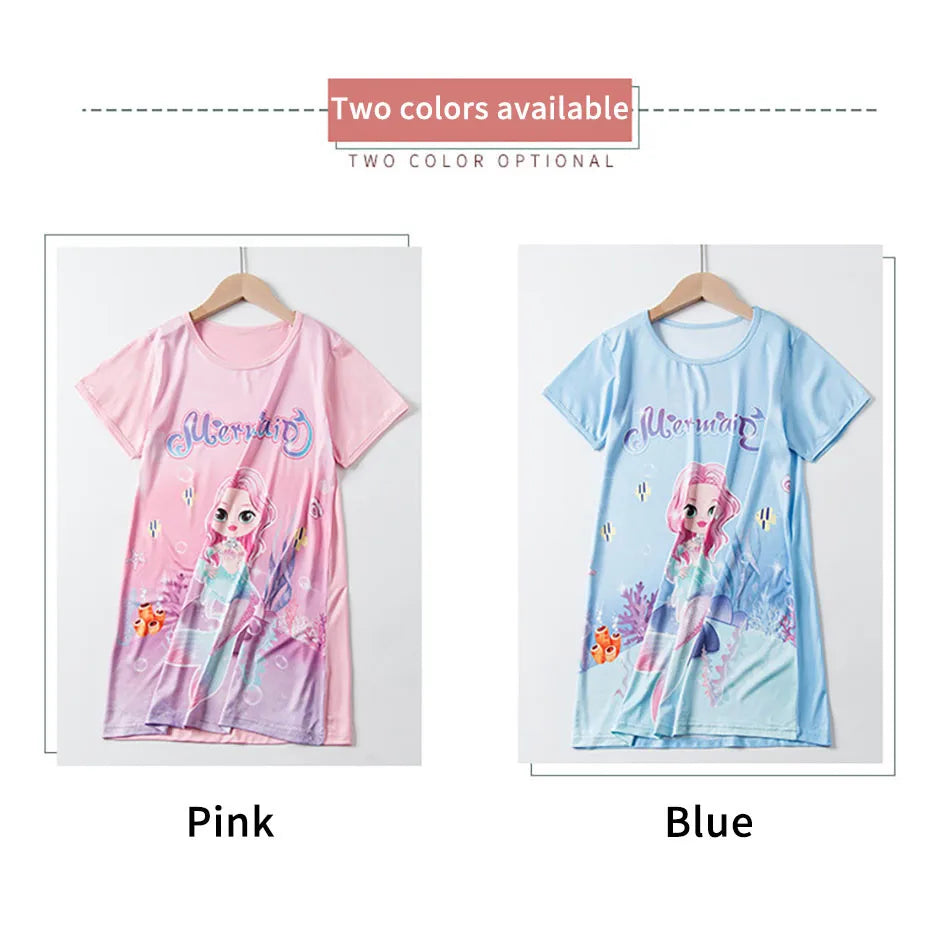 Girl Mermaid Dress Children Short Sleeve Summer Princess Dress Breathable Cartoon Print Girls Soft Silk Nightgown Kids Sleepwear