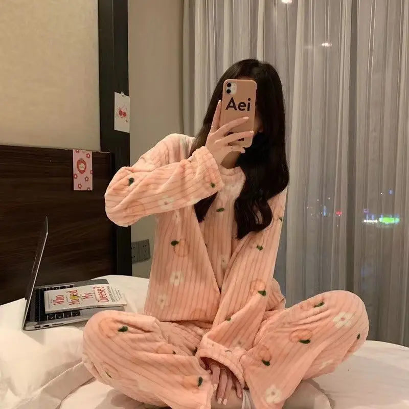 Autumn Winter Warm Flannel Fleecing Women's Pajamas Sets Coral Velvet Long Sleeve Cartoon Sleepwear Pants Sets Flannel Homewear