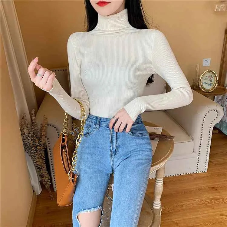 2026 Autumn Winter Women Long Sleeve Knitted Foldover Turtleneck Ribbed Pull Sweater Soft Warm Femme Jumper Pullover Clothes