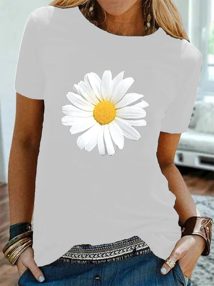 Cotton  100% Women's Round-neck Daisy Print Short-sleeved T-shirt for Women Harajuku  Aesthetic Clothes  Graphic T Shirts  Tops