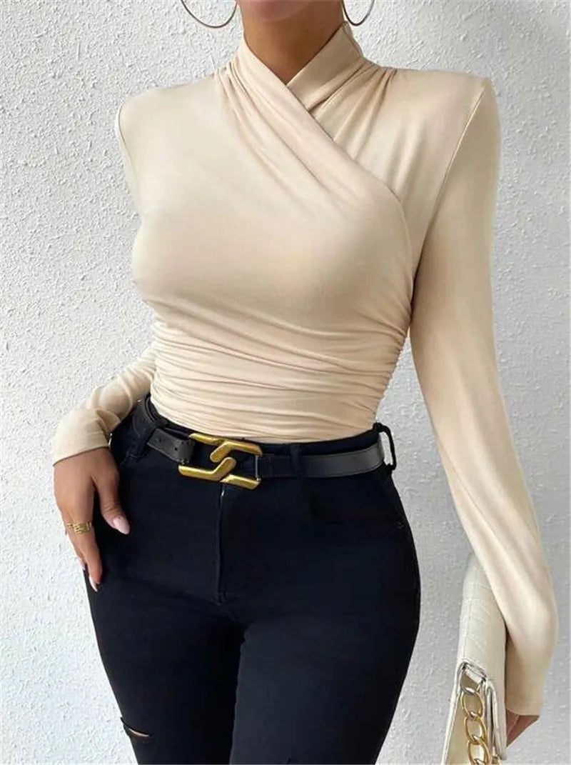 Women's Clothing Autumn Winter Tshirts New Design Cross Neckline Versatile Pleated T-shirt Comfortable Fashion Slim Fit Sexy Top
