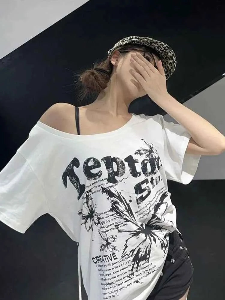 White Cotton Y2k Vintage Oversize Off shoulder Short sleeve T shirt With Print Women Casual Summer Top Butterfly Tees