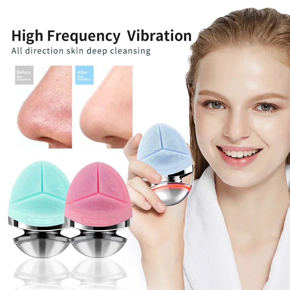 2 in 1 Electric silicone EMS LED 3 Modes Facial Cleansing Brush Introducer Beauty Device Ultrasonic Face Cleaning Massage Tool