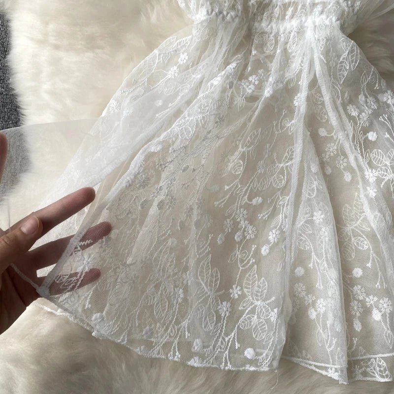 Summer Girls Sexy Hot Sweet Transparent Suspender Mini Dress Women Elastic Waist And Backless Strap Lolita Pajamas Bubble Skirt